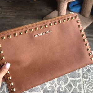 Brown and gold studded Michael Kors clutch EUC